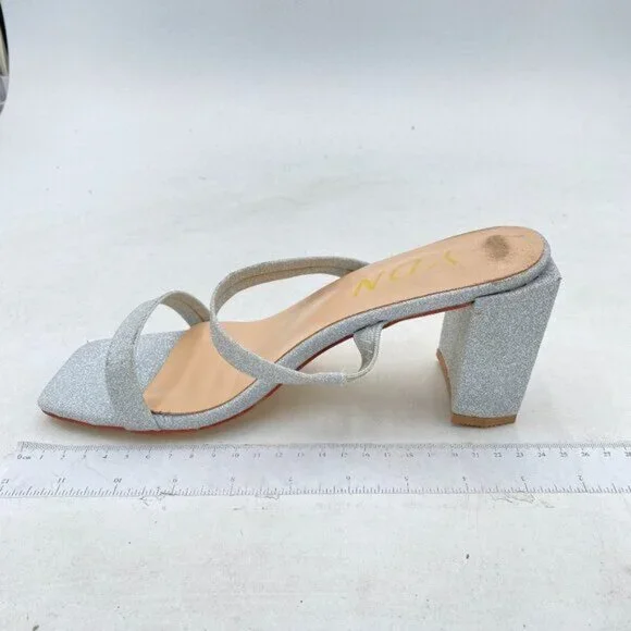YDN Silver Glitter Open Square Toe Mules Block Heel Double Straps Sandals - Picture 2 of 8